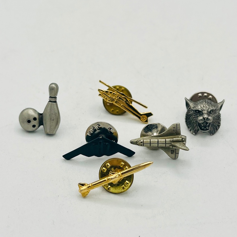 Vintage Lapel Pin Lot 6pc Space Shuttle Stealth Bomber Helicopter Wolf Bowling